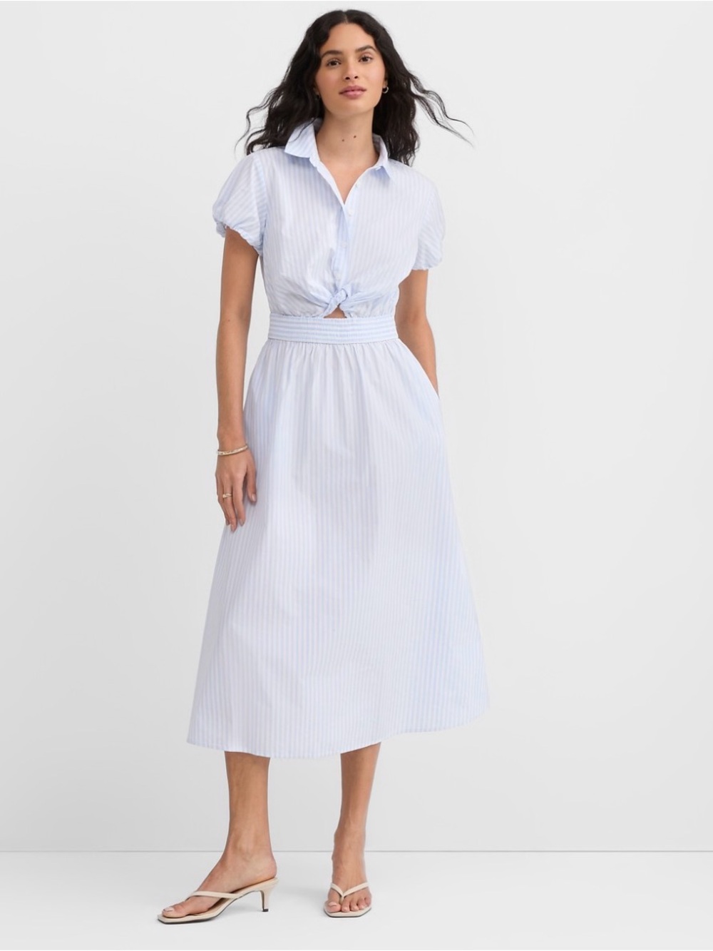 LOFT Light Blue Pinstripe Smocked-Waist Midi Skirt